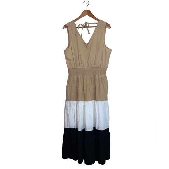 1. State Sleeveless Color BlockTiered Cotton Midi Dress XL Tan Black White - Picture 4 of 9